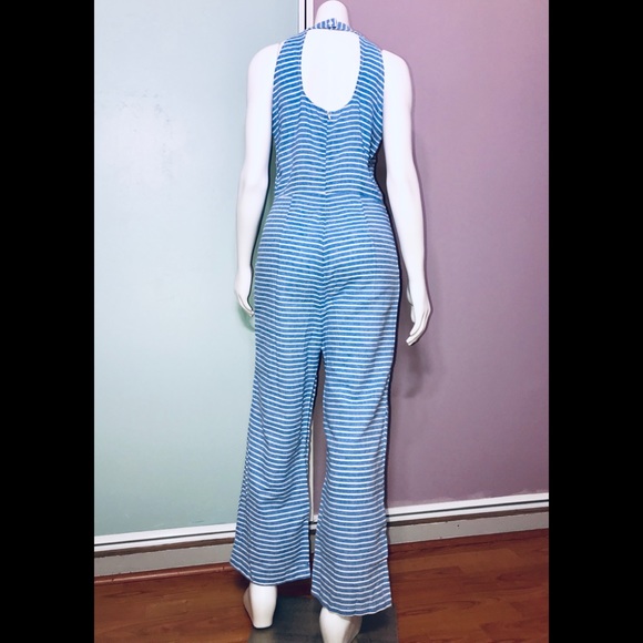 Blue Striped Cotton Jumpsuit w/tie / size (S) NWOT - Picture 1 of 6